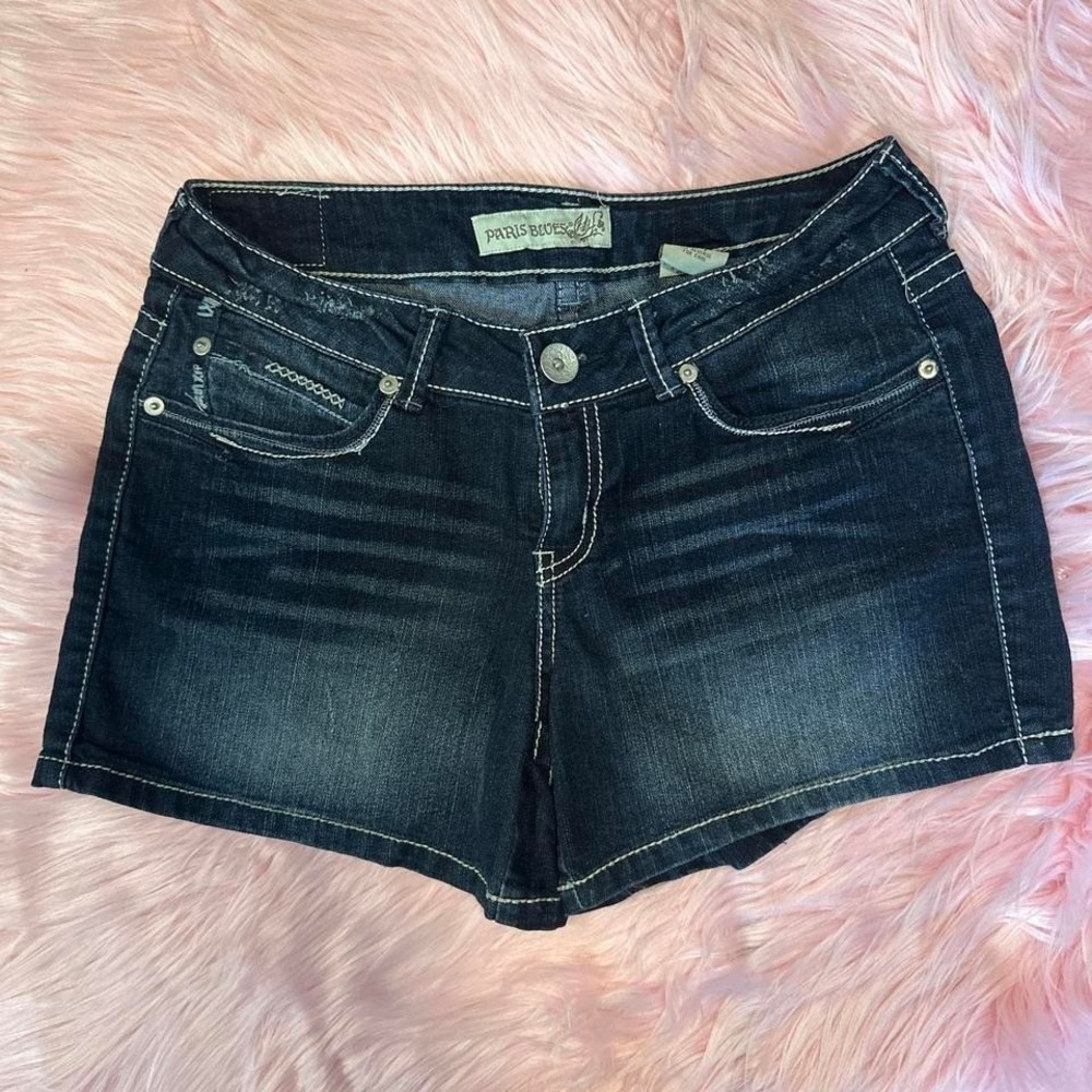Vintage Y2K Paris Blues Low rise dark denim shorts embroidery back pockets 7